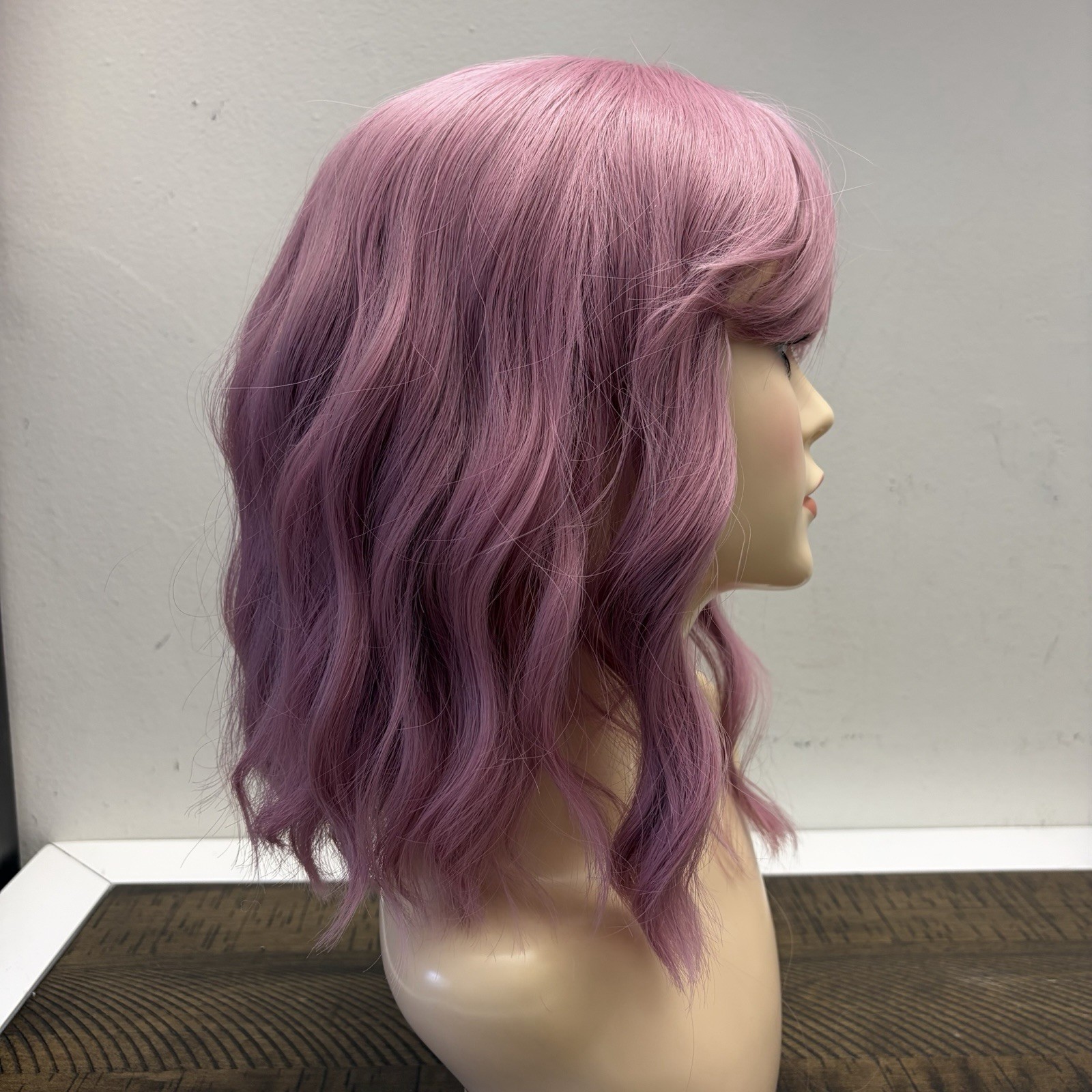 Women Full Cap Wig Wavy Purple Lavender Shoulder Length with Bangs