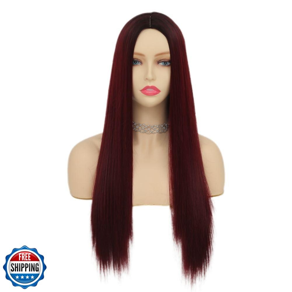 Tseses Ombre Red Long straight Wigs for Women Synthetic Hair Wigs Dark Roots