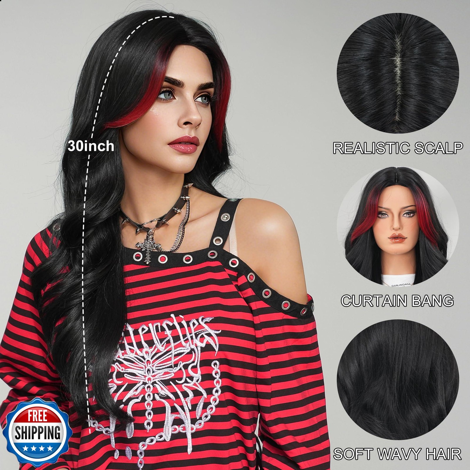 TRUMOST Red and Black Wig For Women Highlight Long Wavy Wig with Curtain Bang