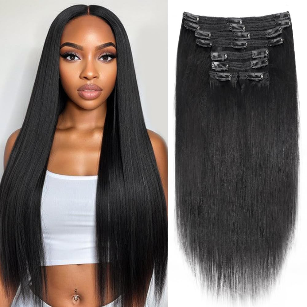 20″ Yaki Straight Clip-In Hair Extensions – Remy Human Hair #1B Natural Black