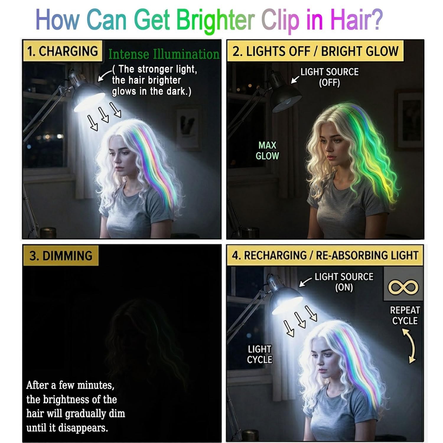 10 Pcs Glow in Dark Clip in Hair Extensions – 22inch Colorful Synthetic Rainb…