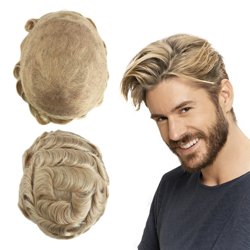 Mens Toupee Human Hair Replacement System Full French Lace Hairpiece #22R