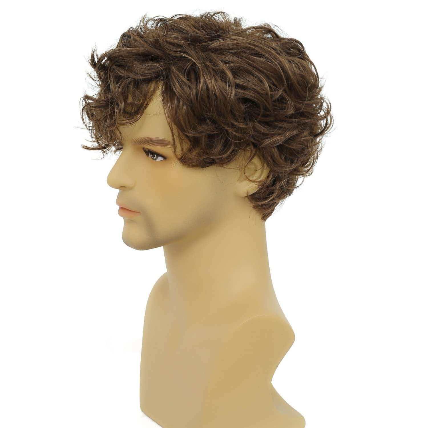 Men’s 6in Short Brown Wavy Wig Full Cosplay Synthetic Heat Resistant Party