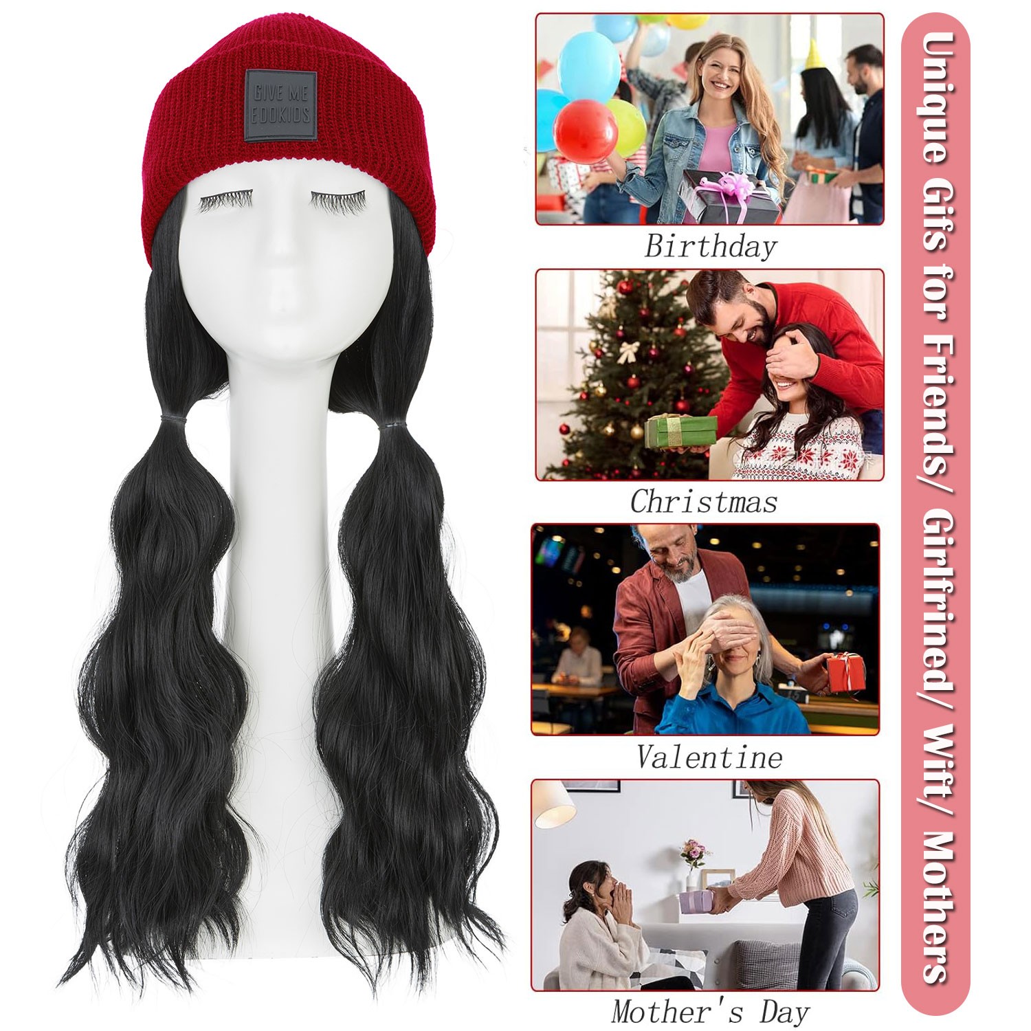Winter Synthetic Women Long Wavy Beanie Knitted Hat Wig with Synthetic Hair Wigs