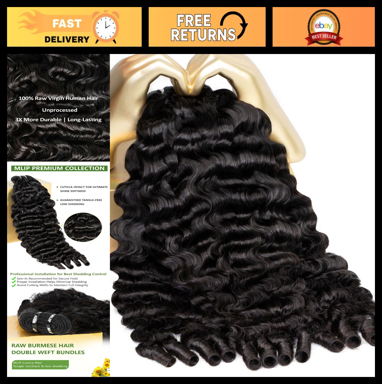 Premium Burmese Curly Hair Bundles 16-20 Inch, 100% Virgin, Tangle-Free Weaves