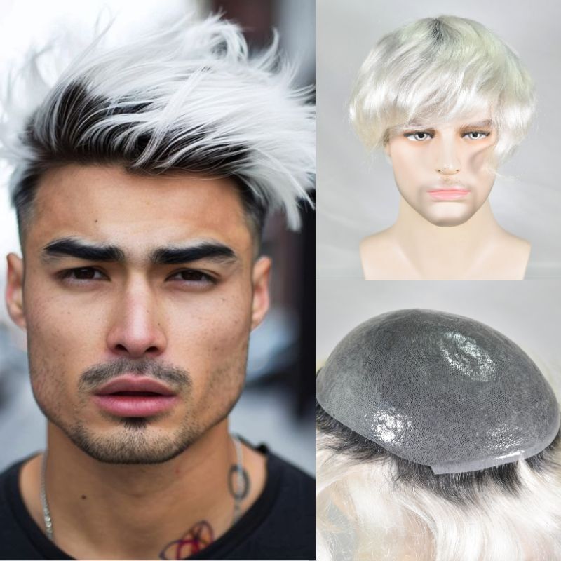 PU0.06-0.08 Hairpiece Mens’ Toupee Black Roots Blonde Toupee for Men 8x10inch