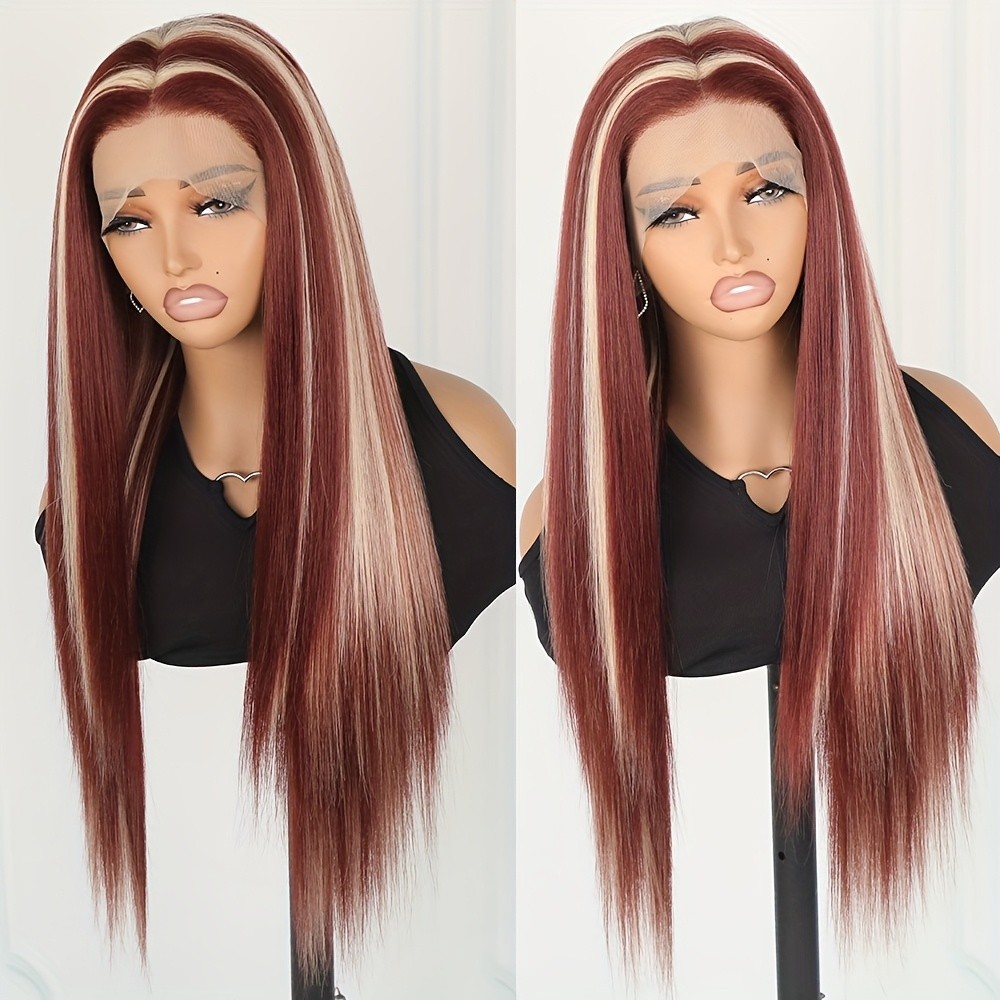 Blonde Highlights Ombre Reddish Brown Mixed Color Lace Front Wig Daily Party Use
