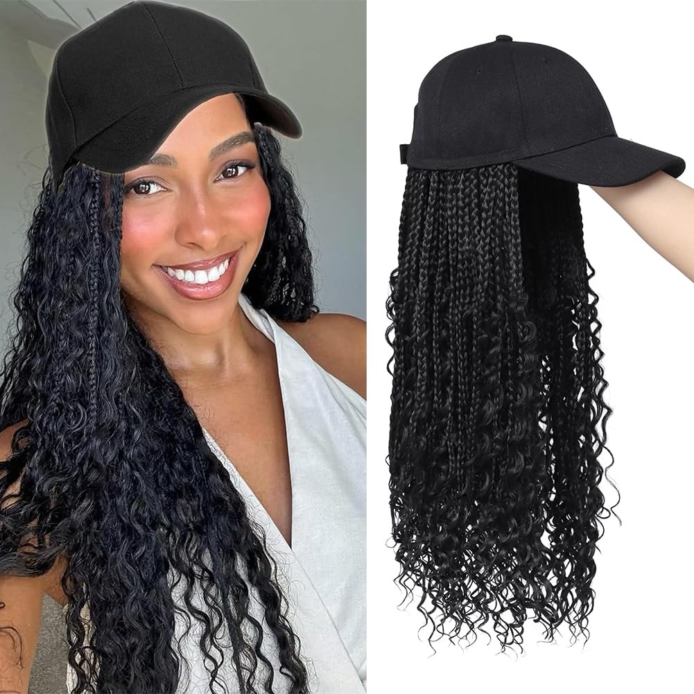 Goddess Box Braiding Baseball Cap , Black Bohemian Curly Ends Box Braids Hat …