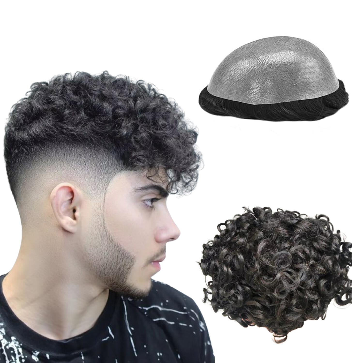 N.L.W Toupee for mens 0.04 mm PU human hair pieces 10mm curl natural base 10×8″