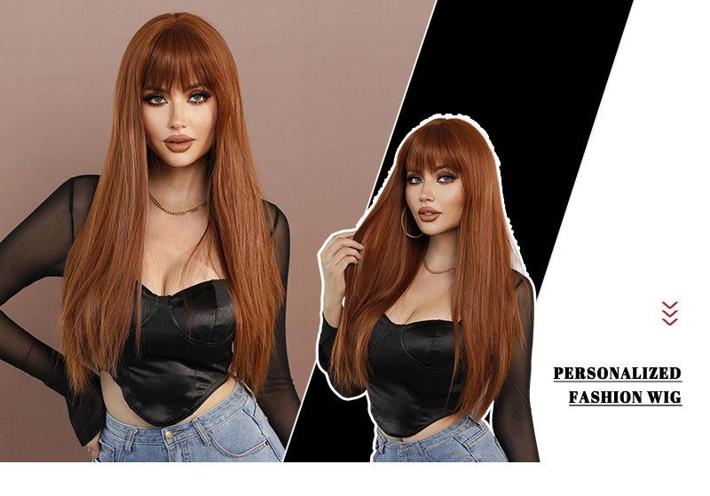 Long Straight Ginger Wig with Bangs for Women Synthetic Hair
