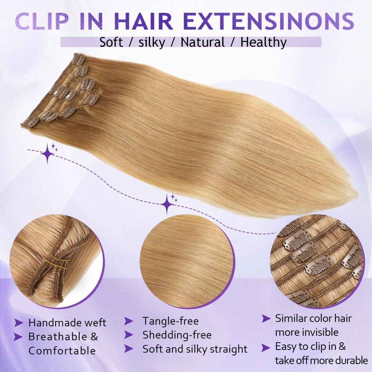 24″ Clip-In Real Human Hair Extensions, 120g, 8pcs, Seamless Double Weft, #27 Ho