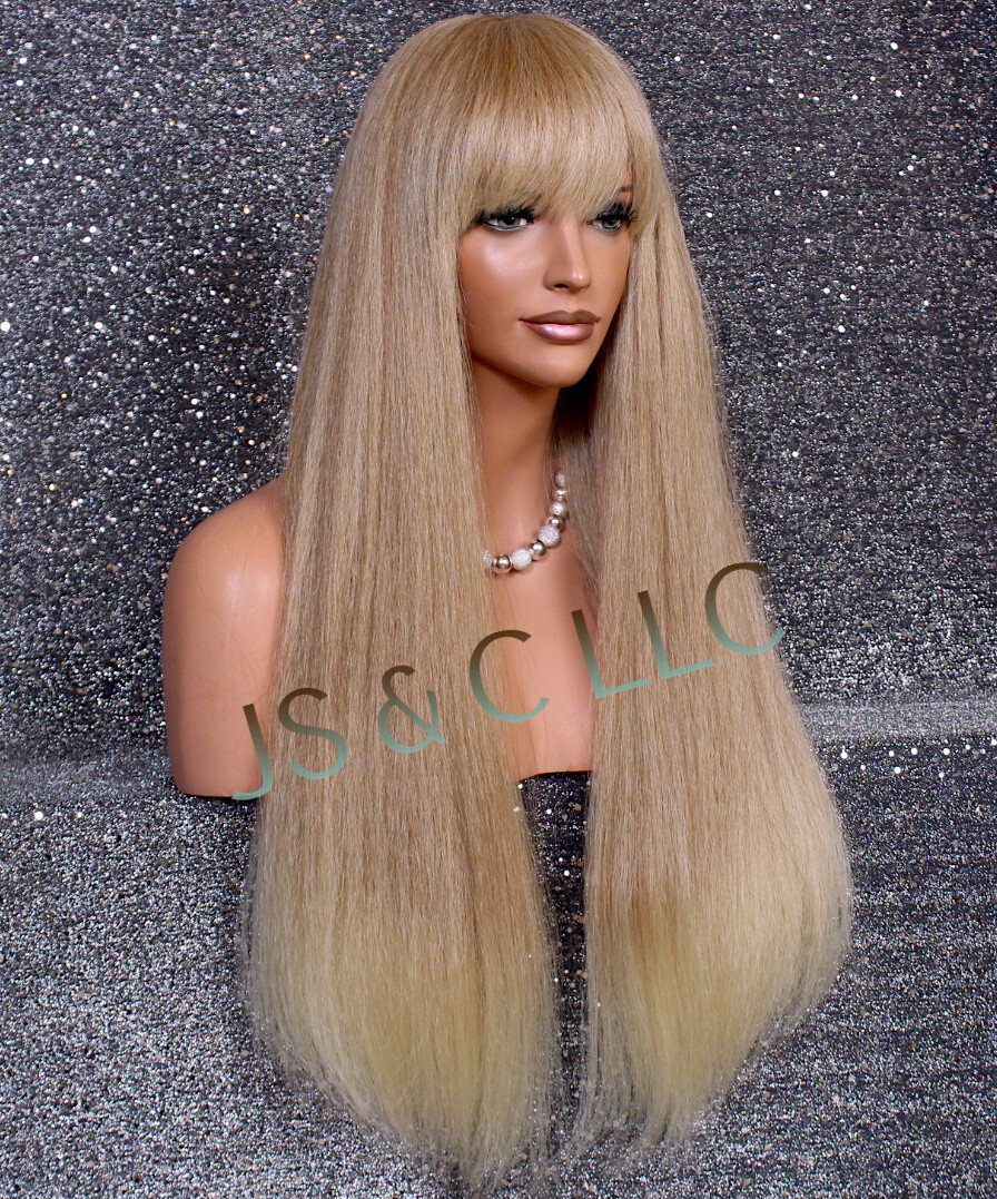 Human hair Blend Full Wig Heat OK Blonde mix straight blunt bangs MG T27/613