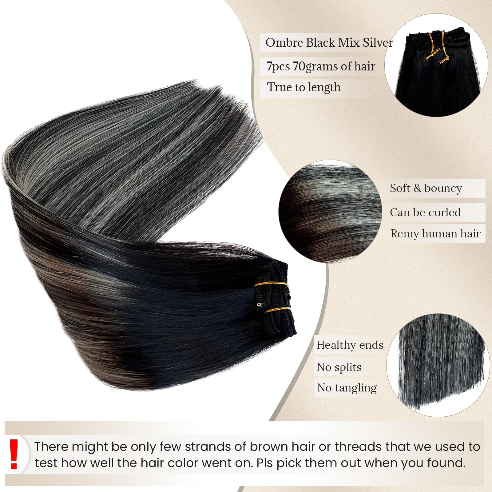 Black Balayage Clip in Hair Extensions Real Human Hair Silver Highlight Clip in