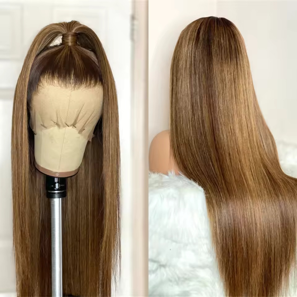 Long Straight Wig Ombre Honey Brown Balayage Wig 100% Human Hair Lace Front Wigs