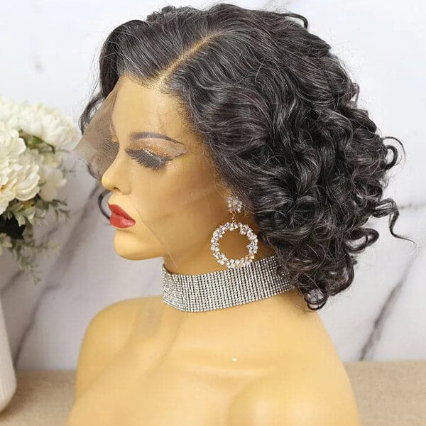Short Black Grey Curly Human Hair Wigs Pixie Lace Front Glueless Soft Remy Wigs
