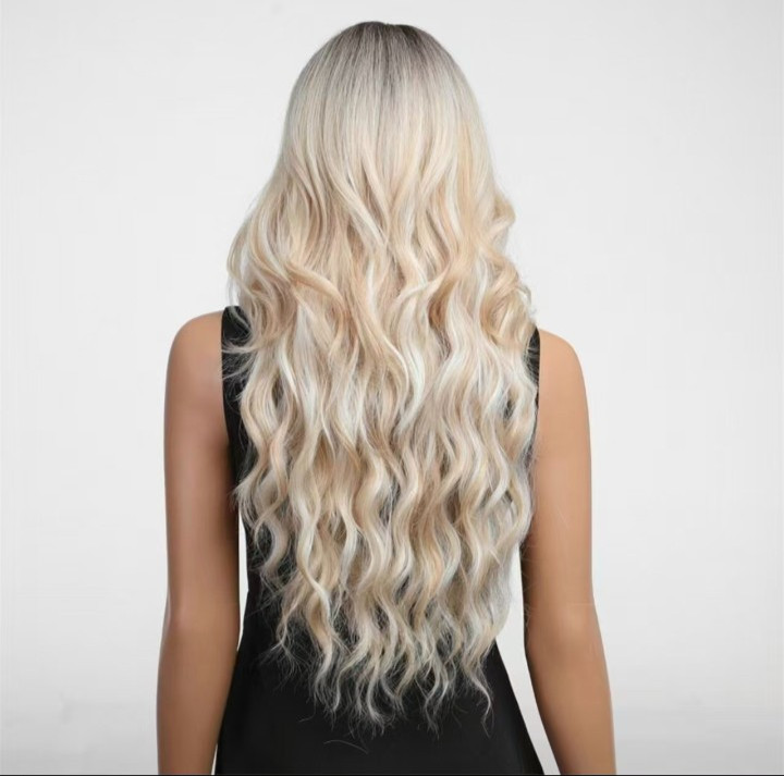 Ombre Blonde Wigs with Bangs,Long Curly Wig for Women,Blonde Long Wavy Wig Synth