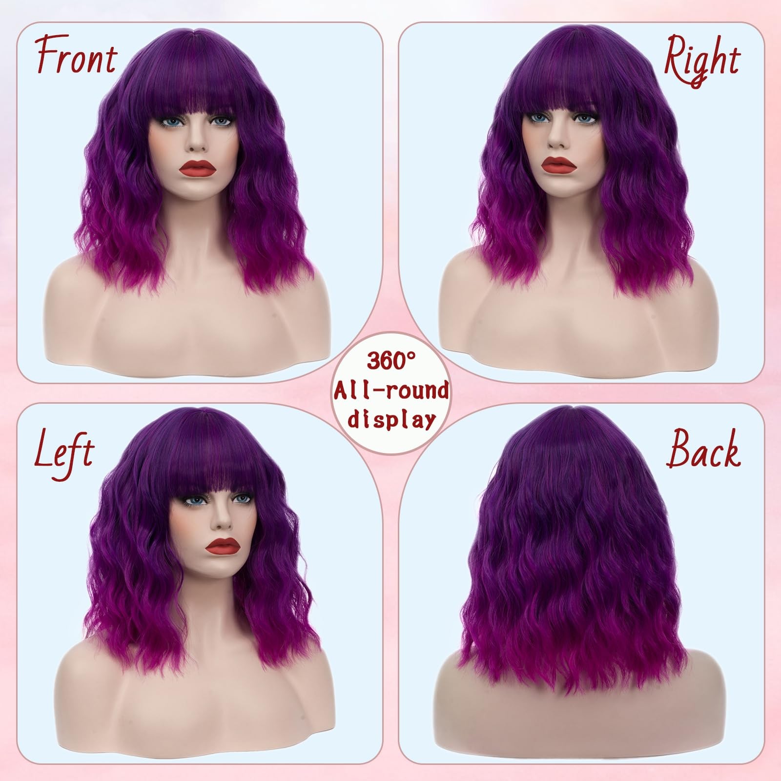 Women’s Bright Purple Ombre Wig Short Curly Wavy Wig Shoulder Length Flat Ban…