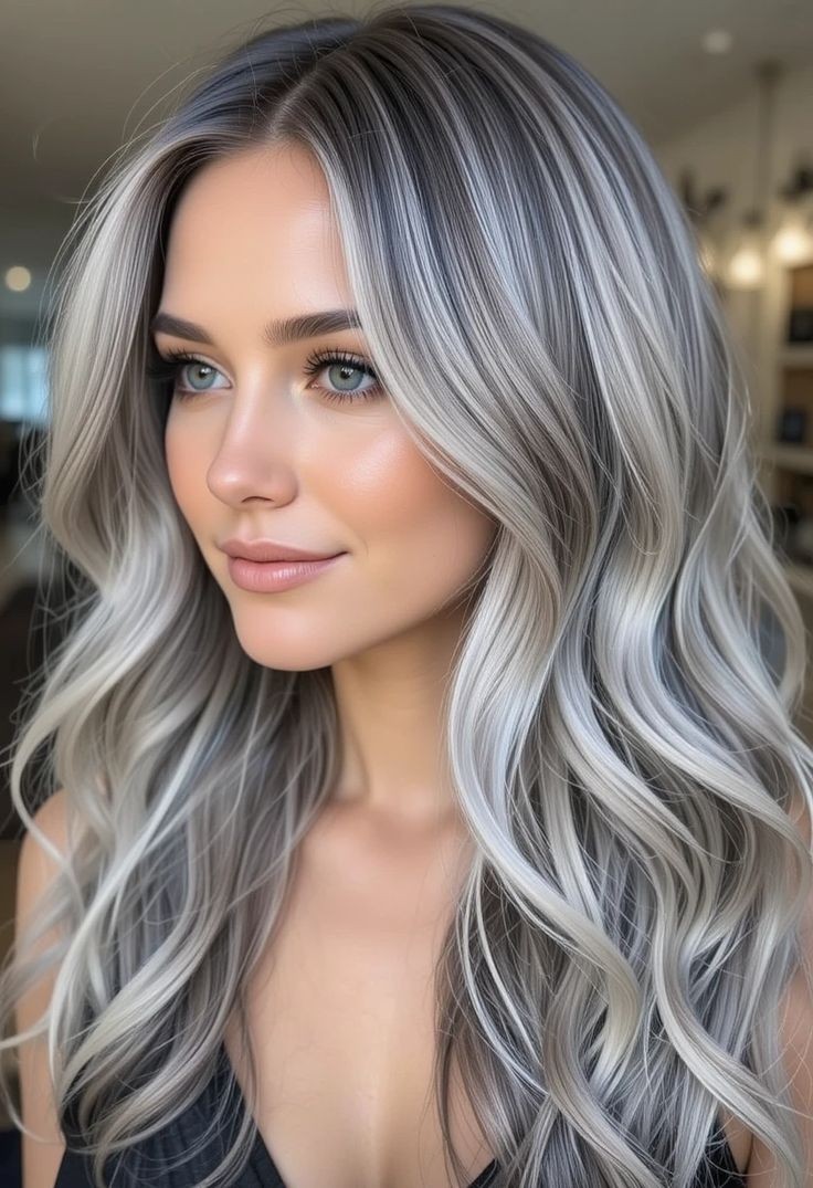 Balayage Silver Gray Highlight Wave Wigs 100% Human Hair Lace Front Wigs
