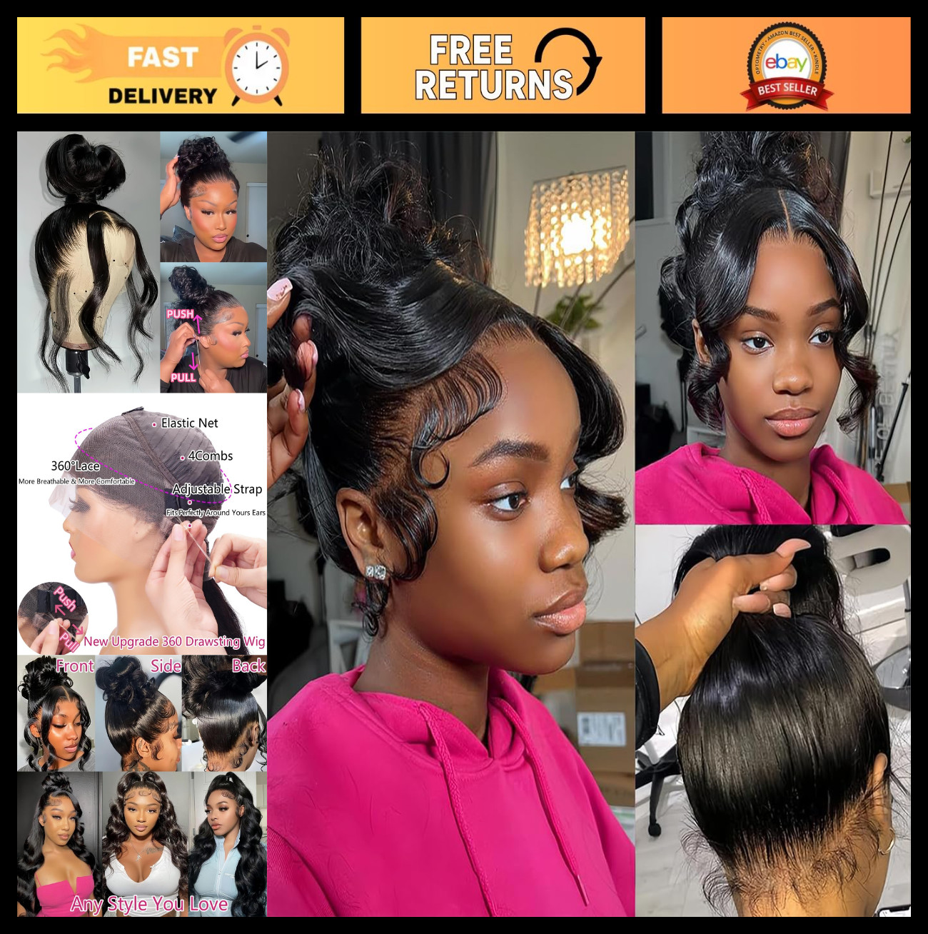 26″ Body Wave 360 Lace Front Wig, Pre-Plucked, 220% Density, Glueless, HD Lace f