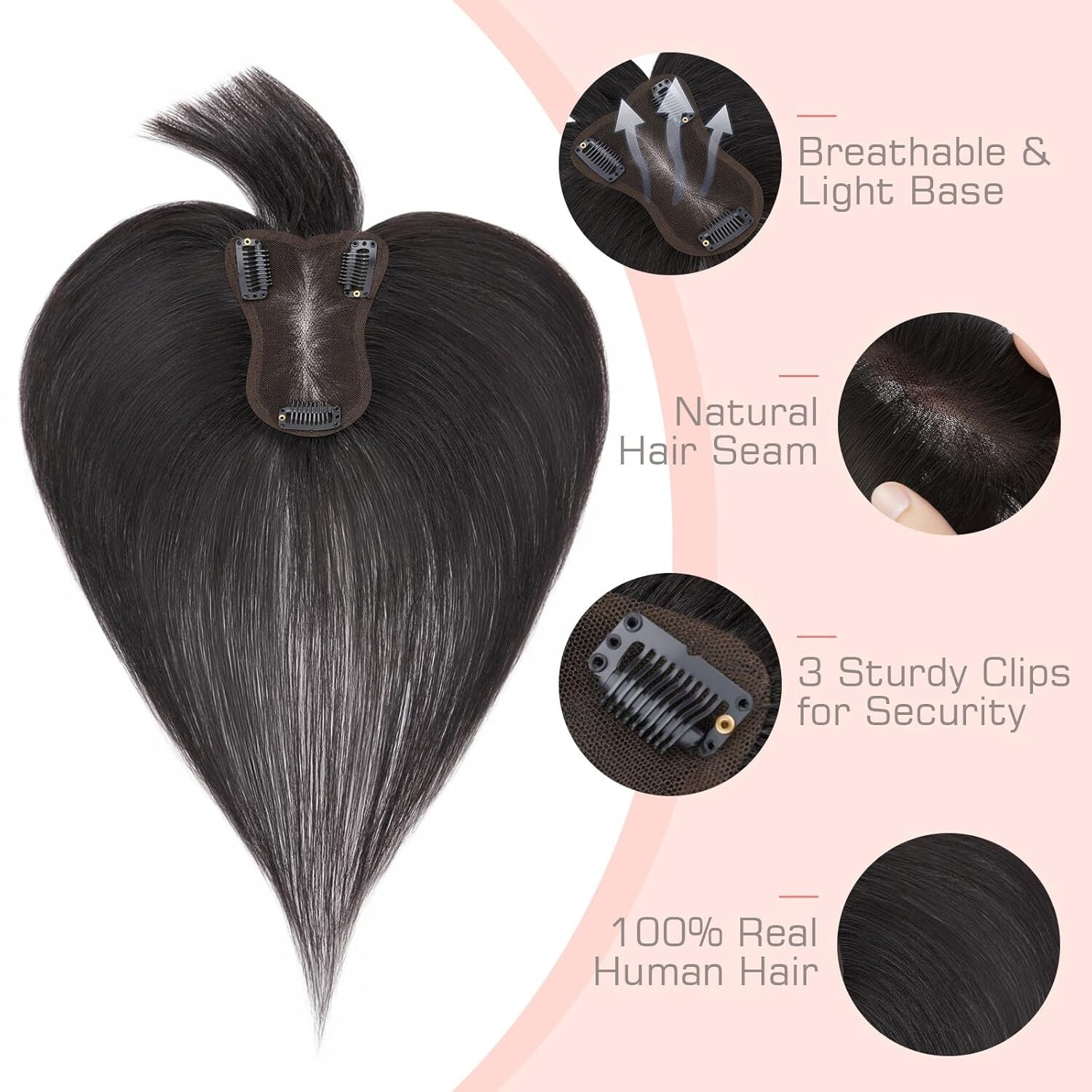 100% Human Hair Topper w/ Bangs 3D Clip on 10 In #1 Dark Black Greyish on Top