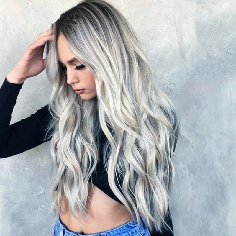 Women Wig Long Wavy Black Ombre Gray Toulsed Curly Heat Resistant Synthetic Hair