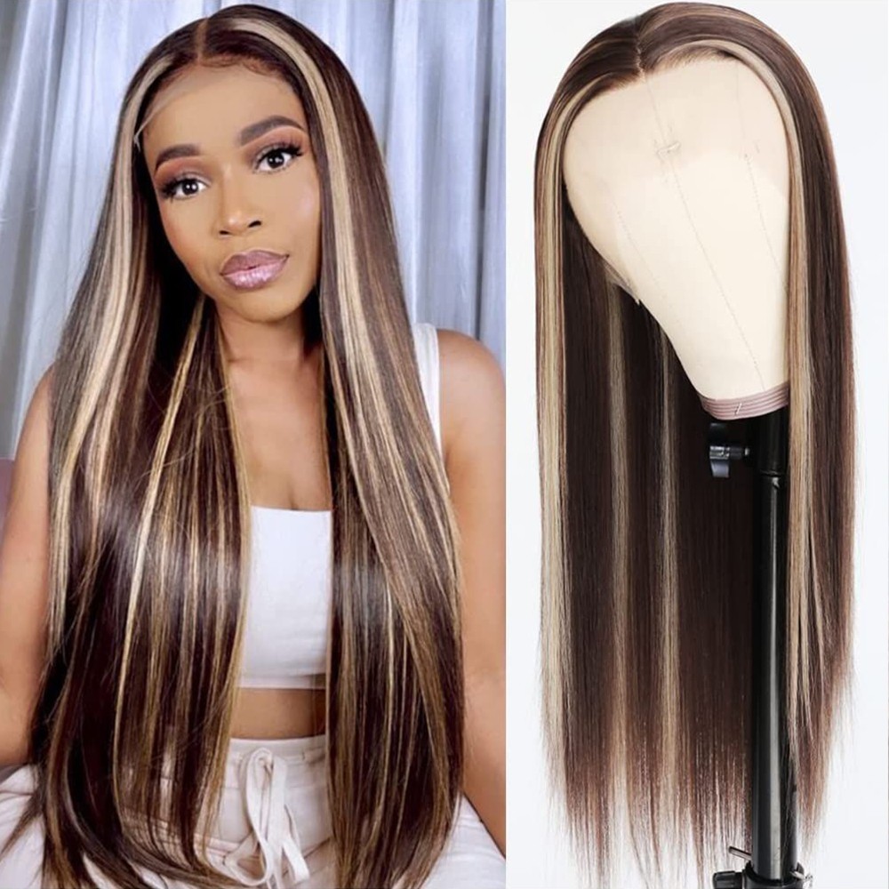 Honey Blonde Ombre Synthetic Lace Front Wigs Pre Plucked Long Straight Glueless