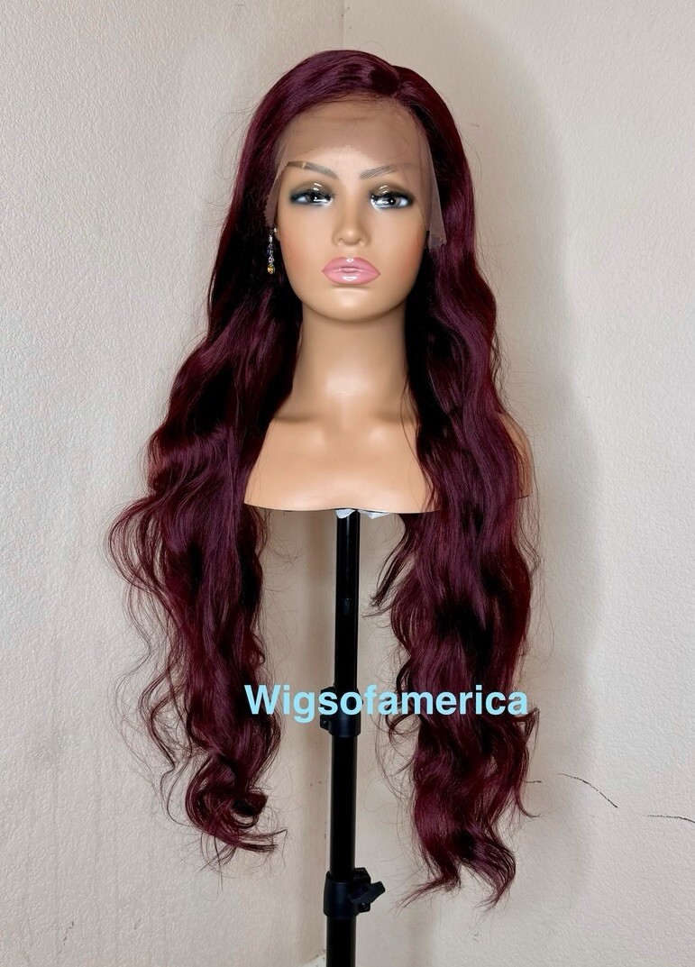 Red Burgundy Wig 99j Lace Front Side Part 26 Inches Long Wavy Layered Heat Ok