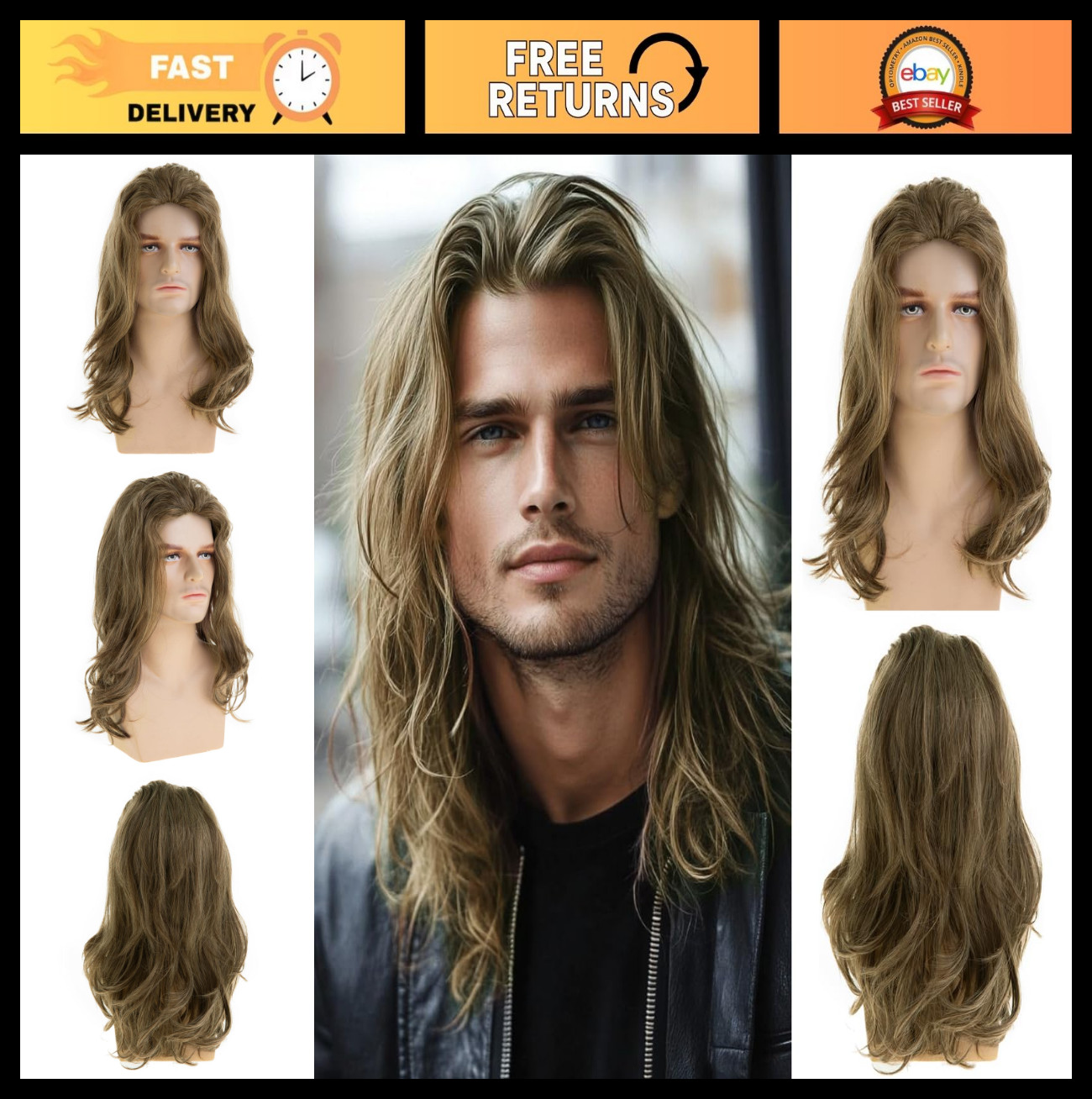 Long Wavy Brown Synthetic Wig for Men – Layered Cosplay & Party Style