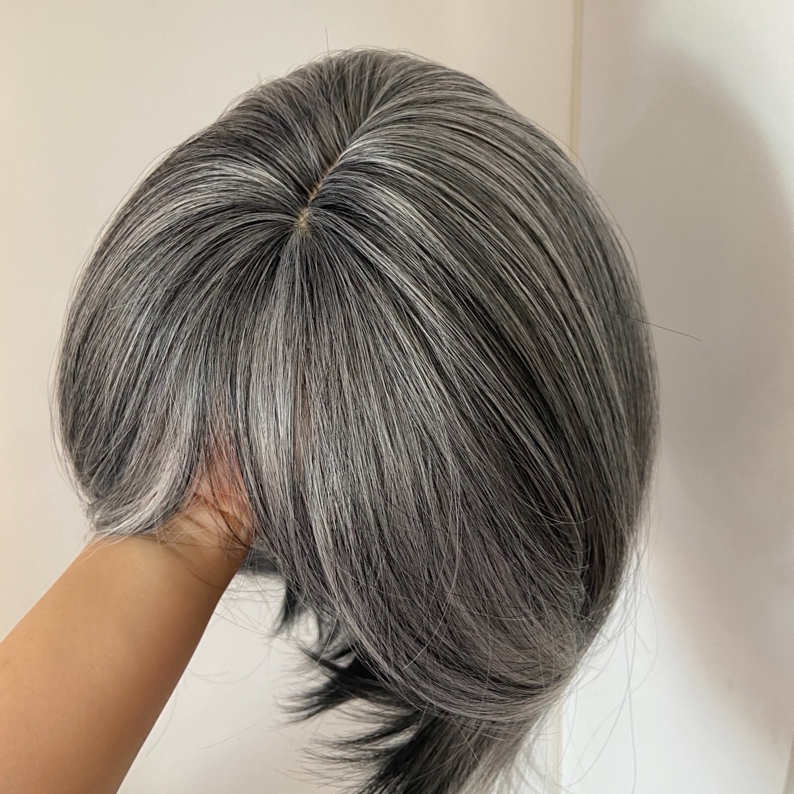 Salt And Pepper Gray Mix Synthetic Hair Wigs With Bangs Women Soft Natural Daily