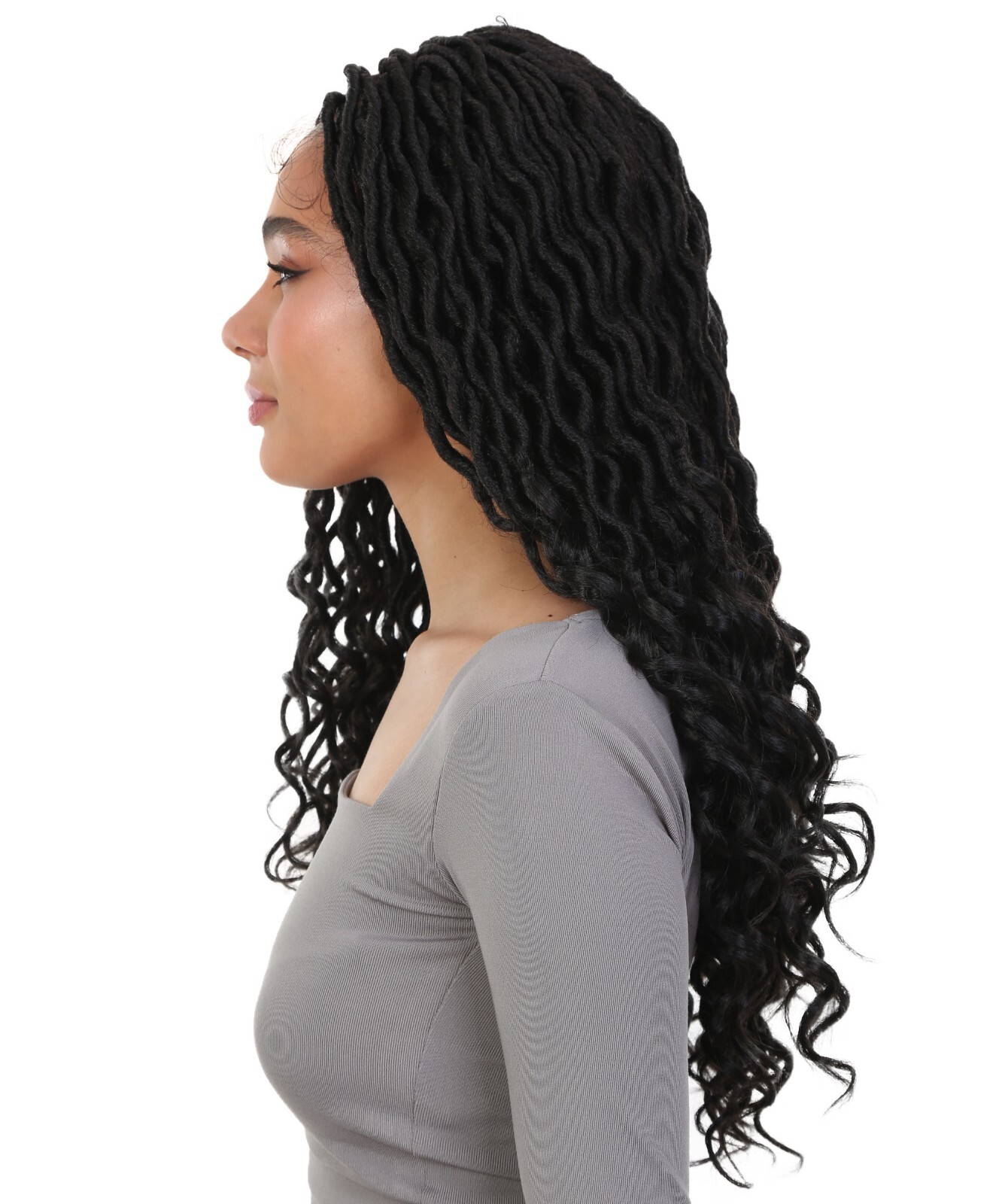 LUXLUXE Andrea 4×4 Curly Long 4X4 Hand Tied Lace Braid Natural Black Wig