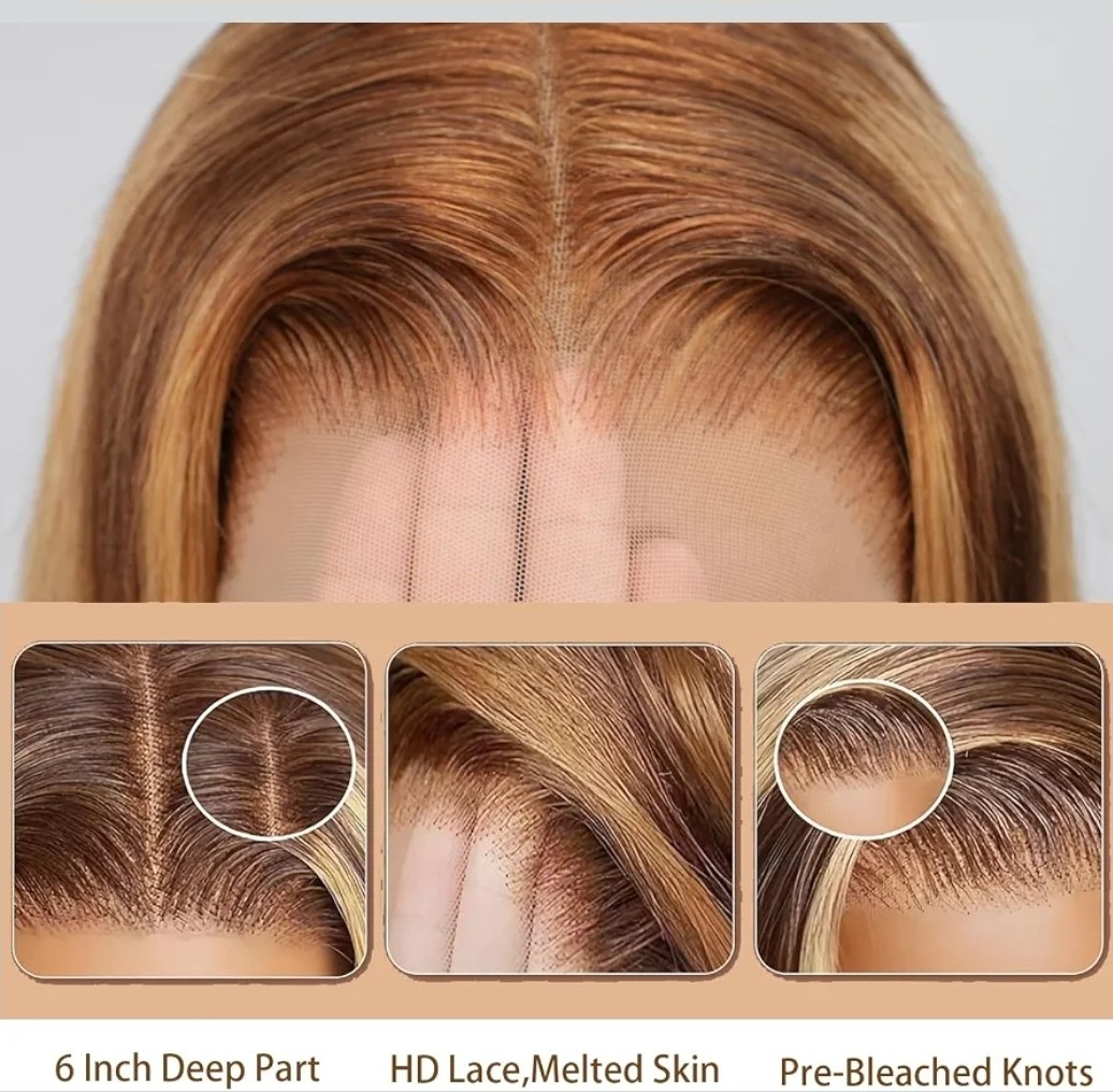 HD Lace Front Wig Human Hair Blend Highlights Straight Honey BROWN Blonde