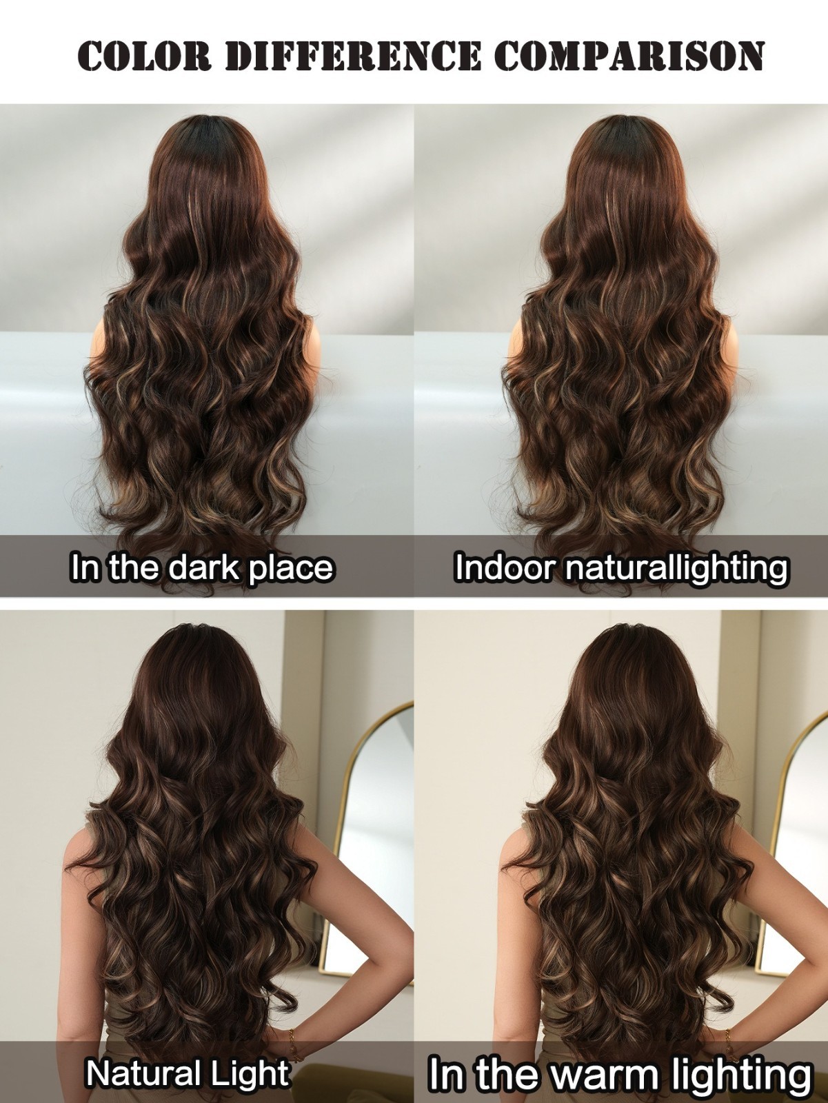 Wig with long curly brown hair with honey gold highlights and a brown base color