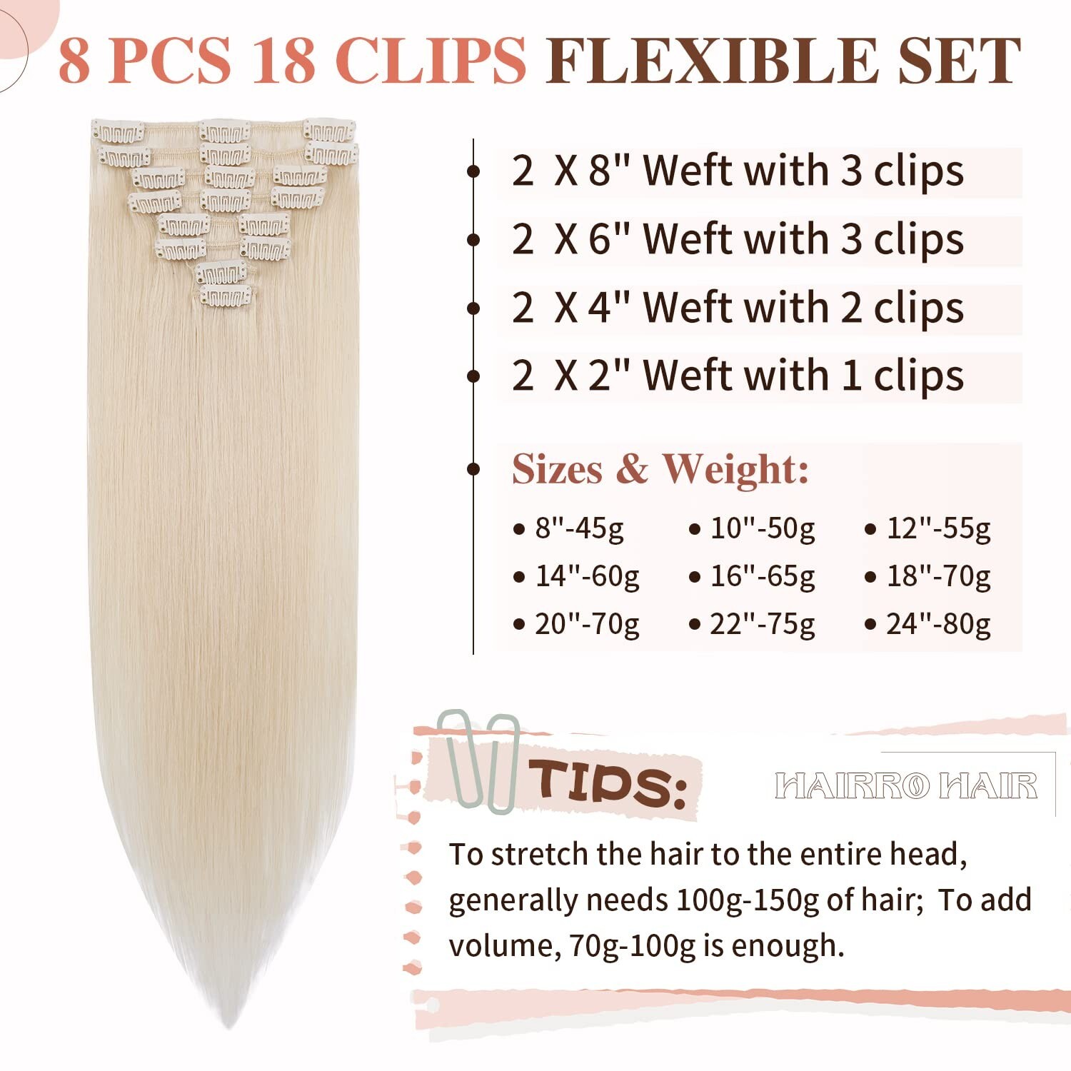 HAIRRO 10IN WHITE BLONDE CLIP IN HUMAN HAIR EXTENSIONS 8PCS 50G #70 STRAIGHT