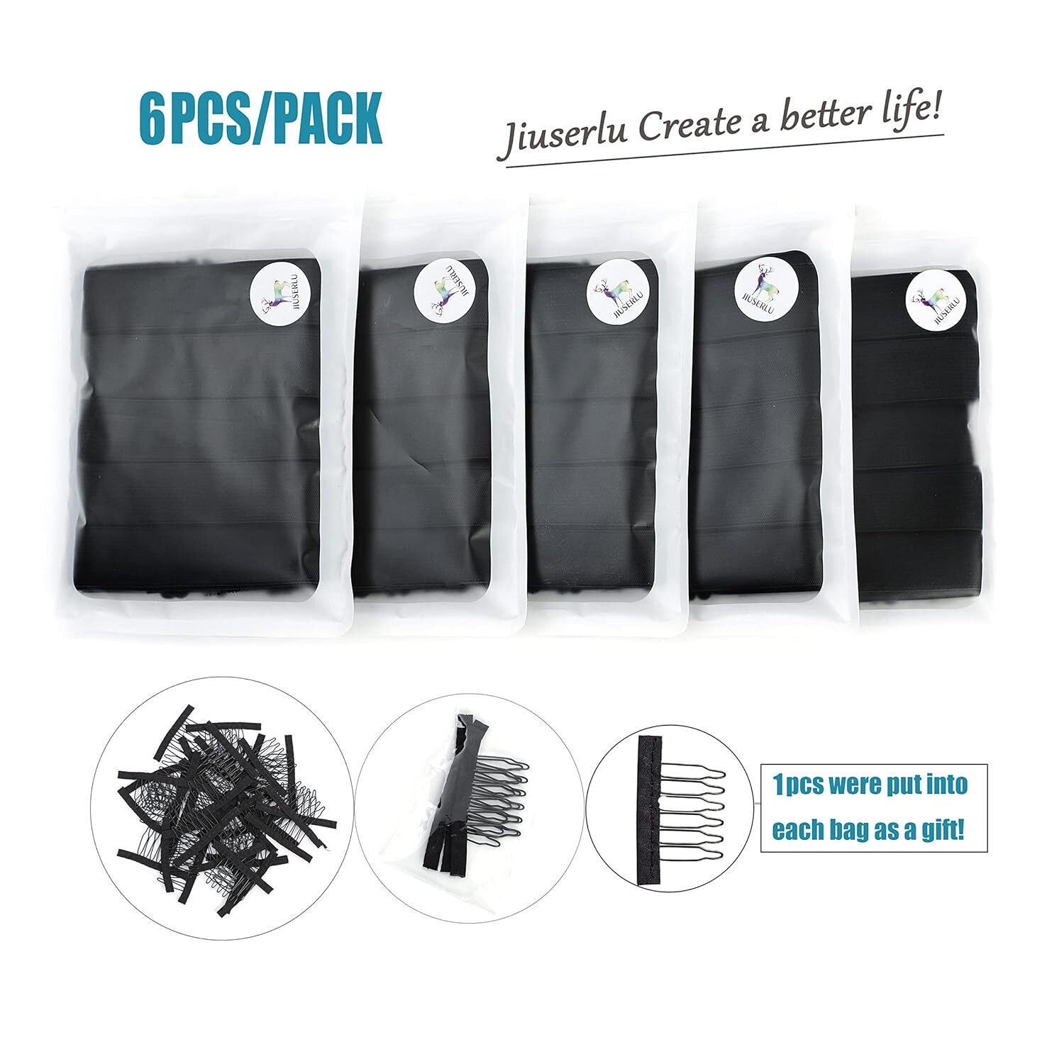6 PCS Black Adjustable Elastic Band For Wigs，Adjustable Straps Wigs