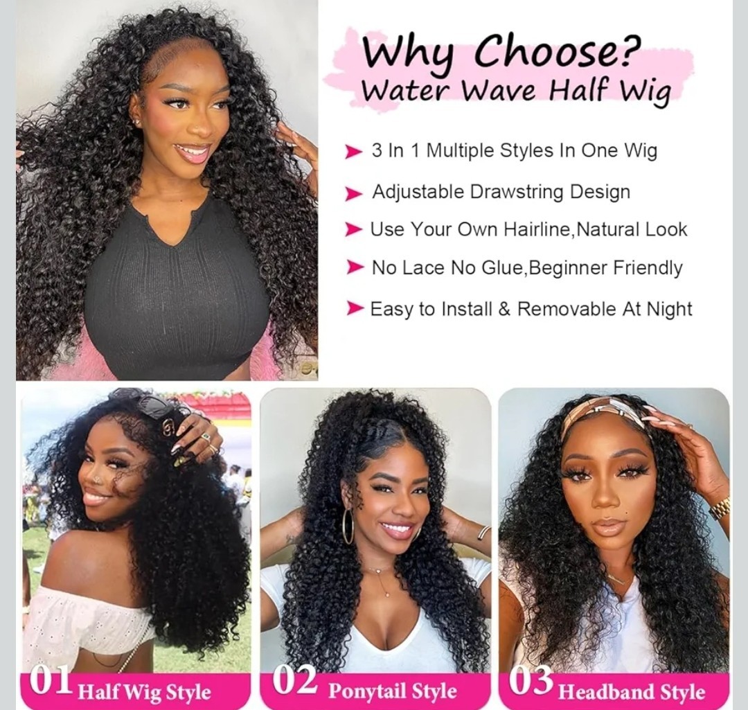 Human hair Water Wave Curly Half Wig 20in Adjustable Drawstring no glue Black