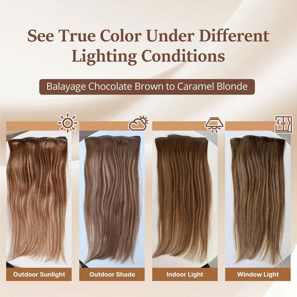 20″ 120g Clip-In Hair Extensions, Real Remy Human Hair, Balayage Brown to Blonde