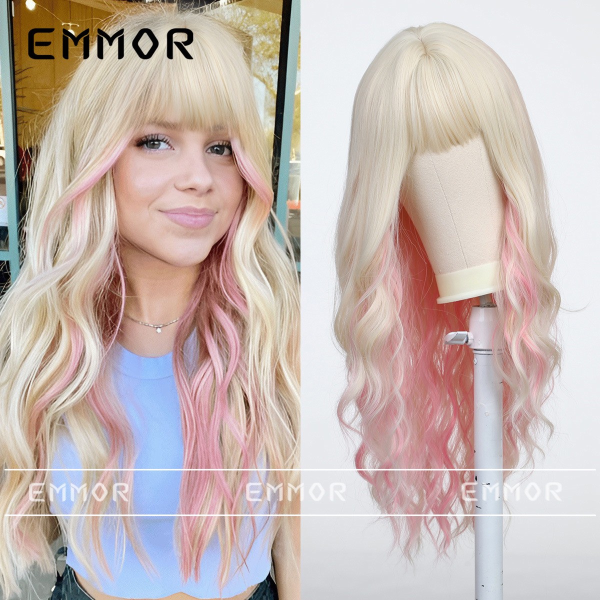 Natural Fluffy Long Curly Wavy Full Wig with Bangs Multi-color Optional