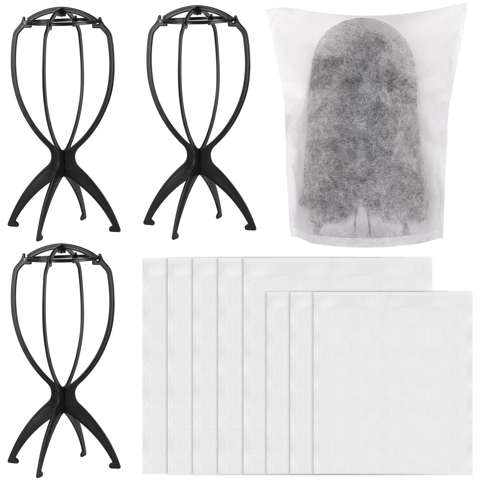 Tecbeauty 4Pcs Wig Stand with 8Pcs Dust Bag, Portable Holder black
