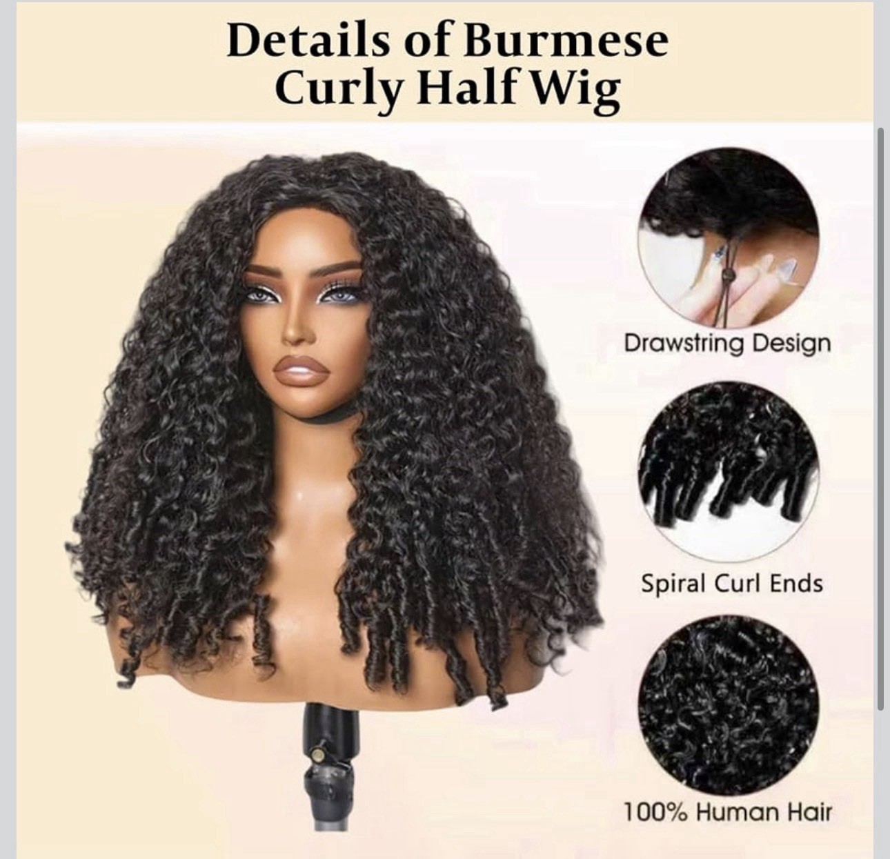 Burmese Curly Half Wig Human Hair Woman 18 Inch Curly