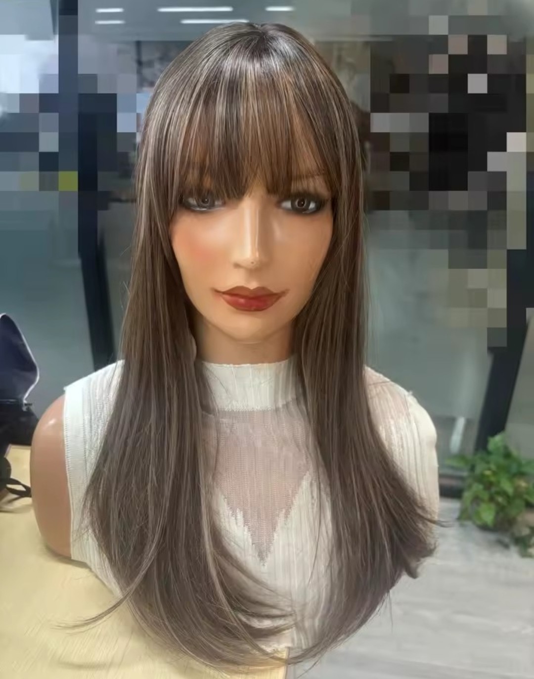 Dress Up Wig With Fringe Mixed Brown blonde Long Straight Synthetic Hair