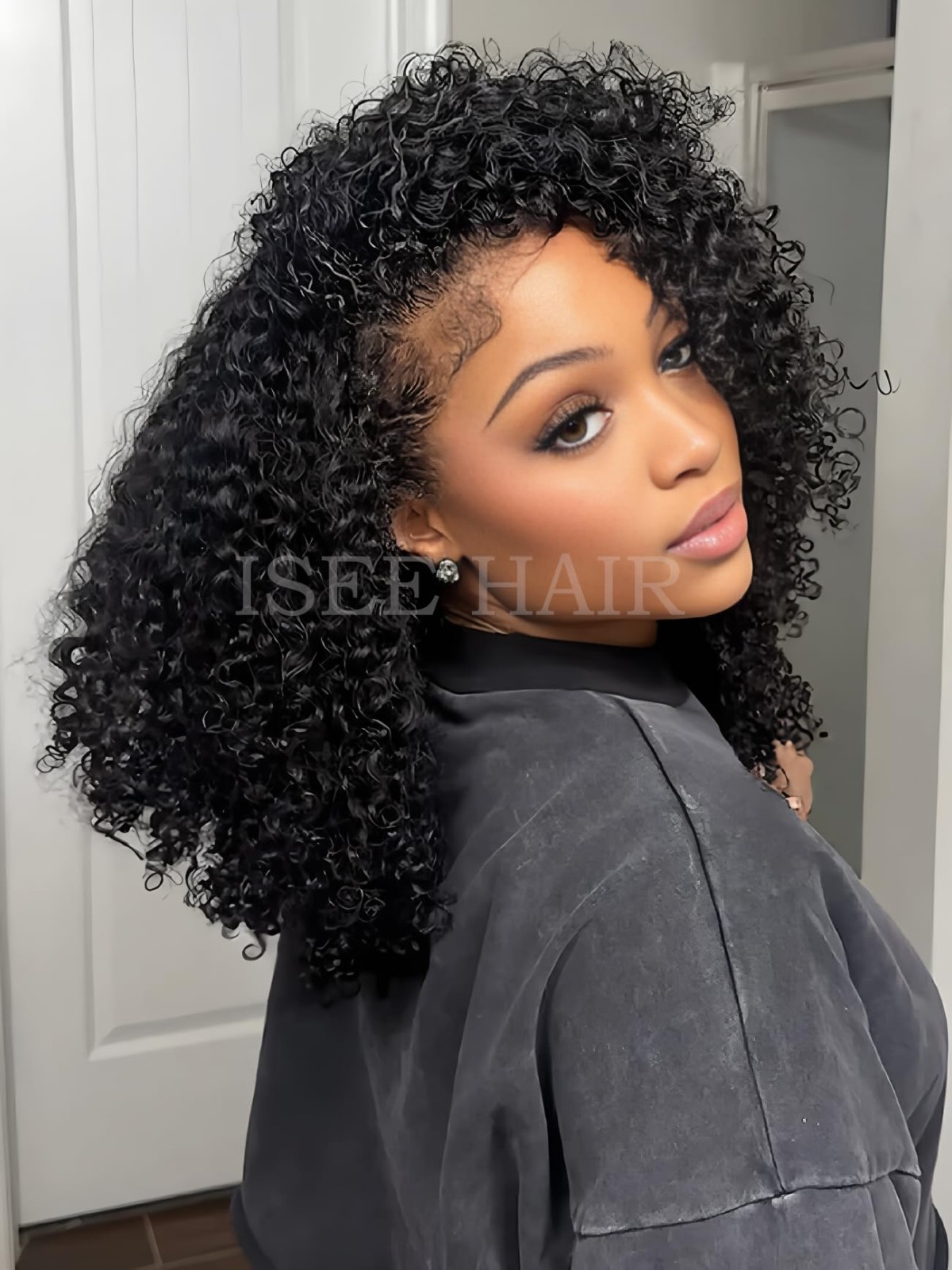 Kinky Curly Half Wig Human Hair 22″ 180% Density Glueless Clip-In Drawstring 3-i
