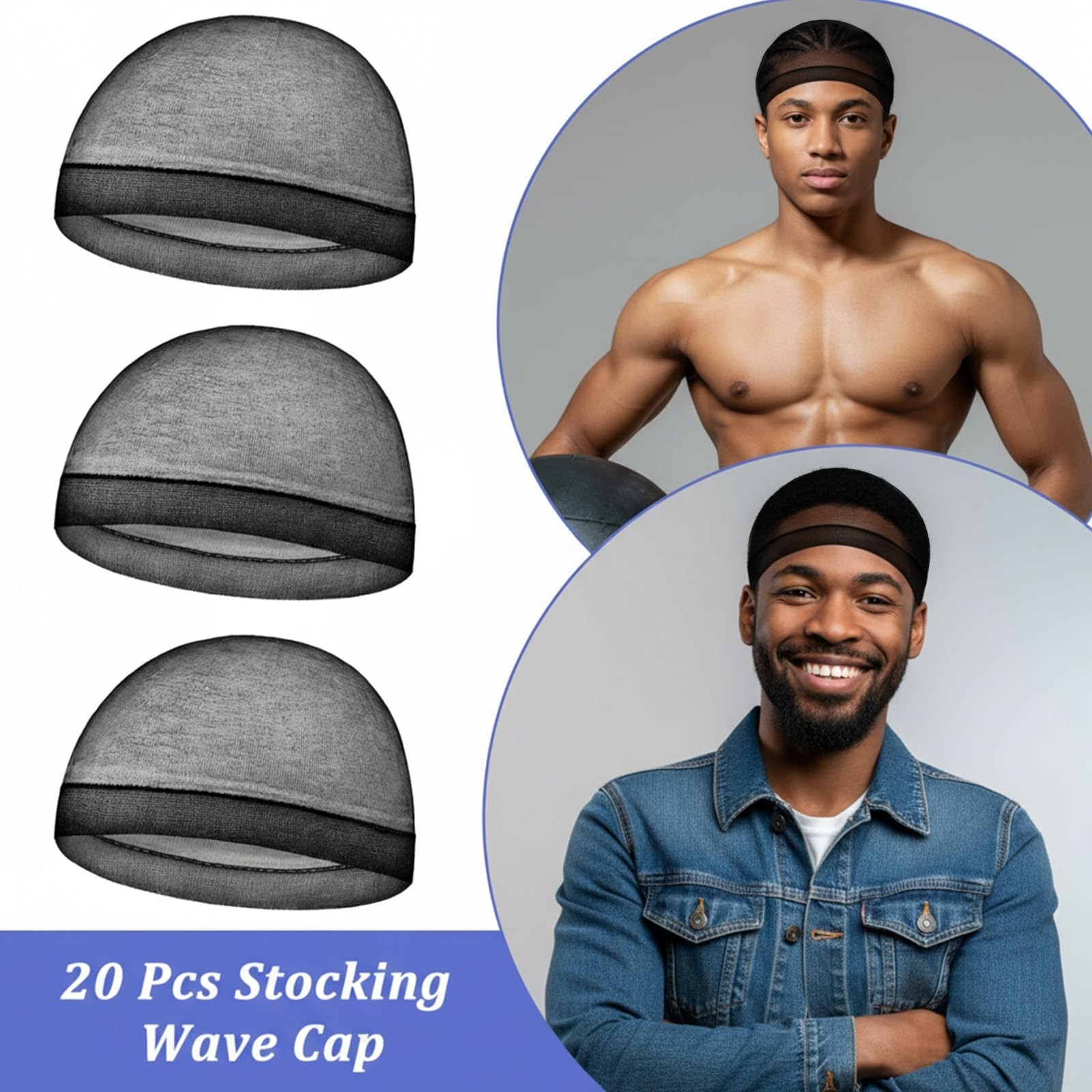 40 Pcs Stocking Wave Cap for Men Adult Stretchy Nylon 19.7 inch/50 cm, Black