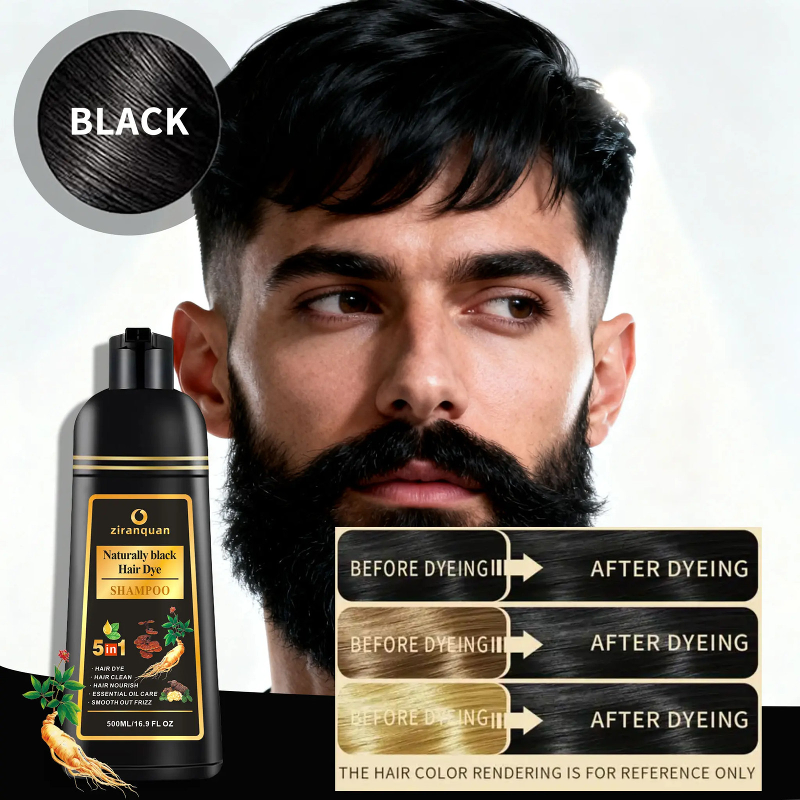 Natural Black Hair & Beard Color Shampoo with Organic Ginseng & Ginger Root Extr