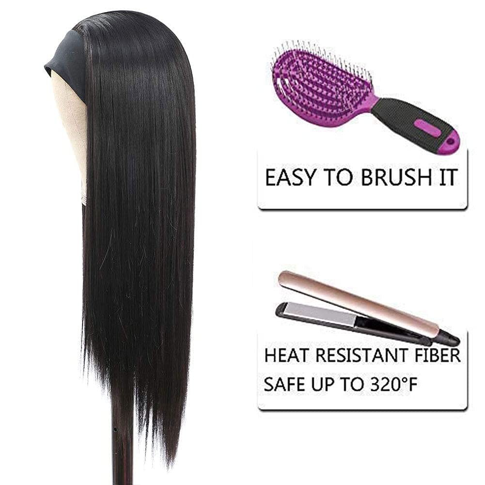 Fashionable Black Headband Wig, 24 Inch Straight Style with Included Accessories