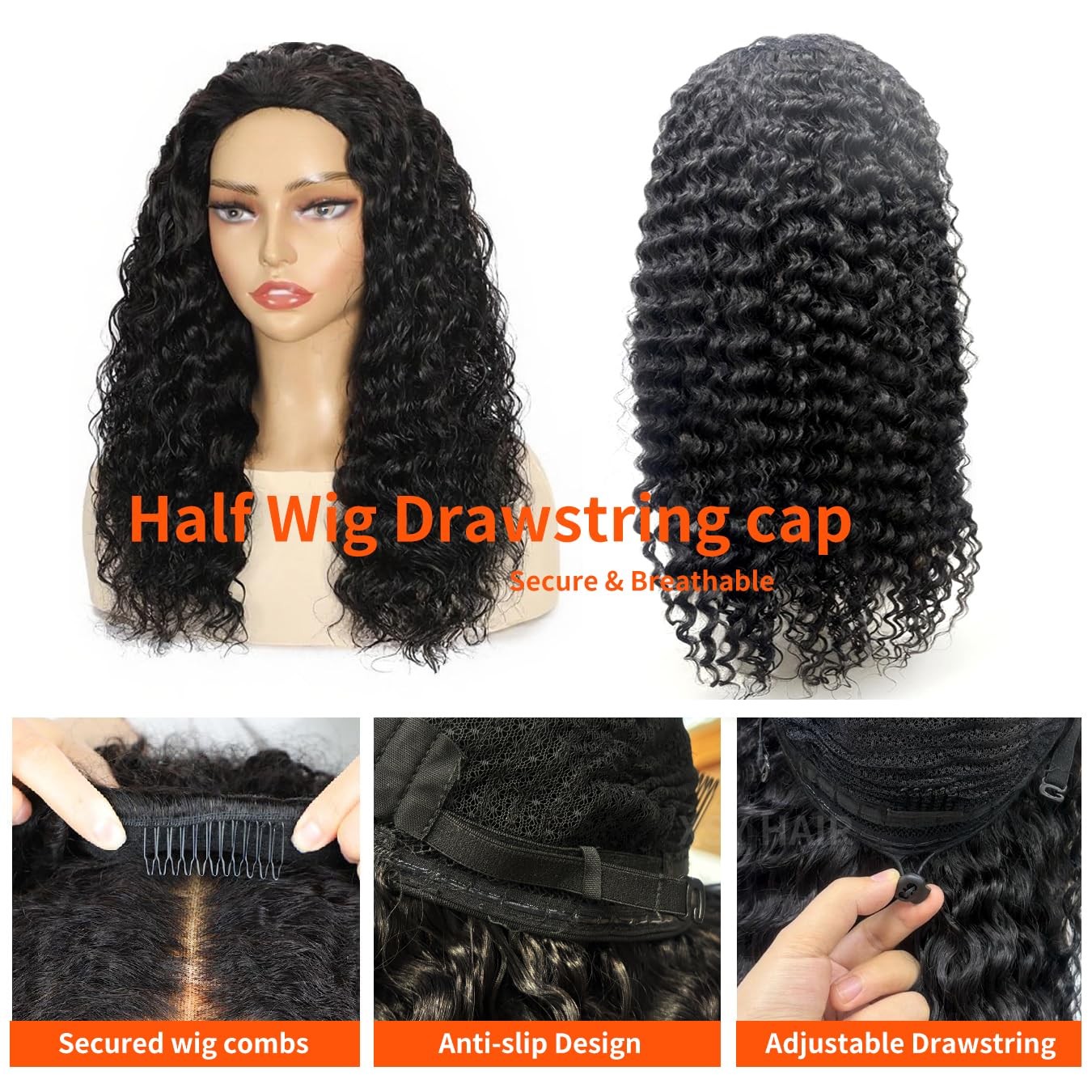 Xsy Half Wig Human Hair Deep Wave 180 Density 3 In 1 Curly Half Wigs For Black