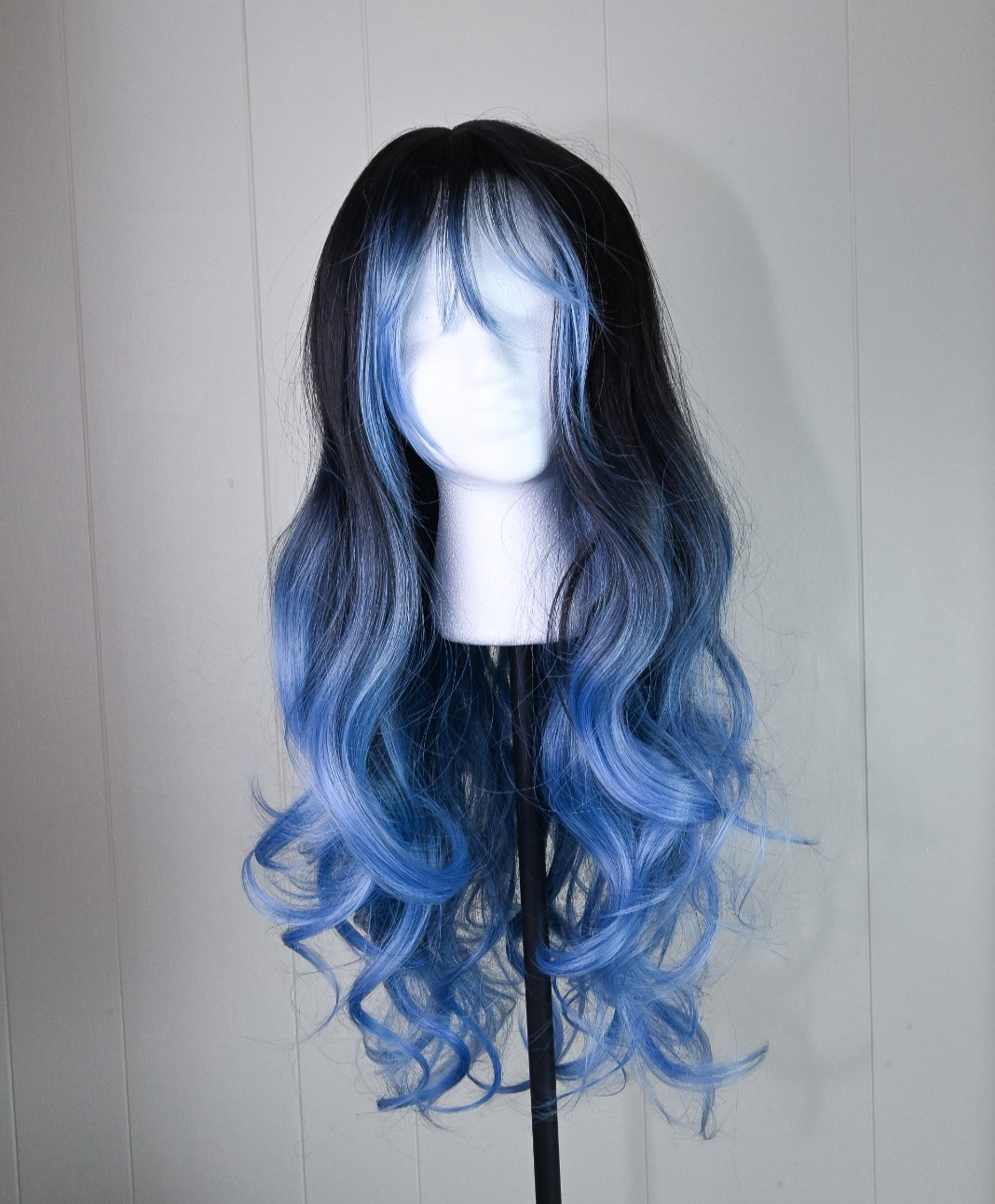 Black and Blue Wavy Wig for Women | Long 26″ Synthetic Hair with Bangs