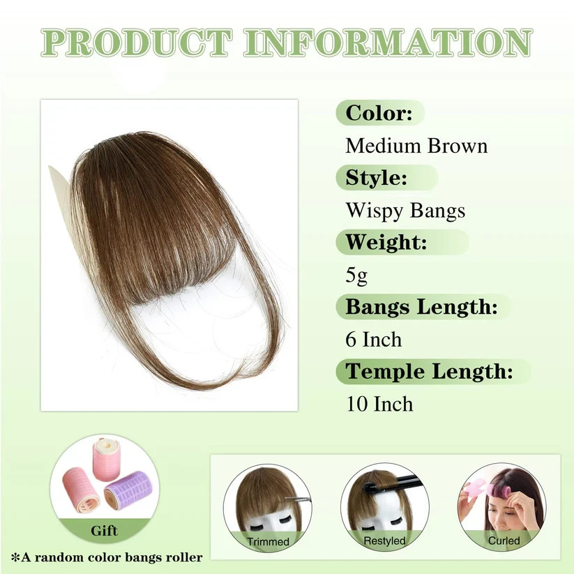 Medium Brown 100% Real Human Hair Clip In Wispy Bangs Hair Topper