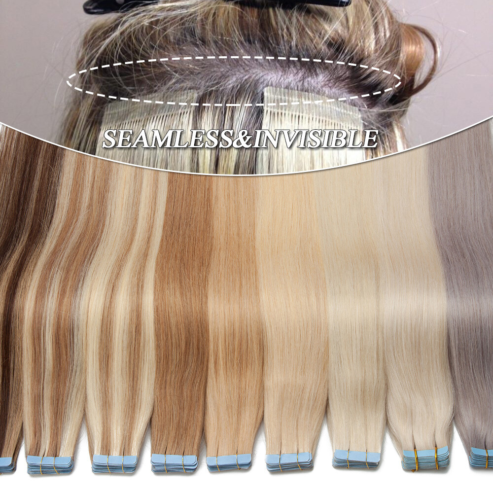 Invisible Tape In 100% Real Remy Human Hair Extensions Full Head Skin Weft Ombre