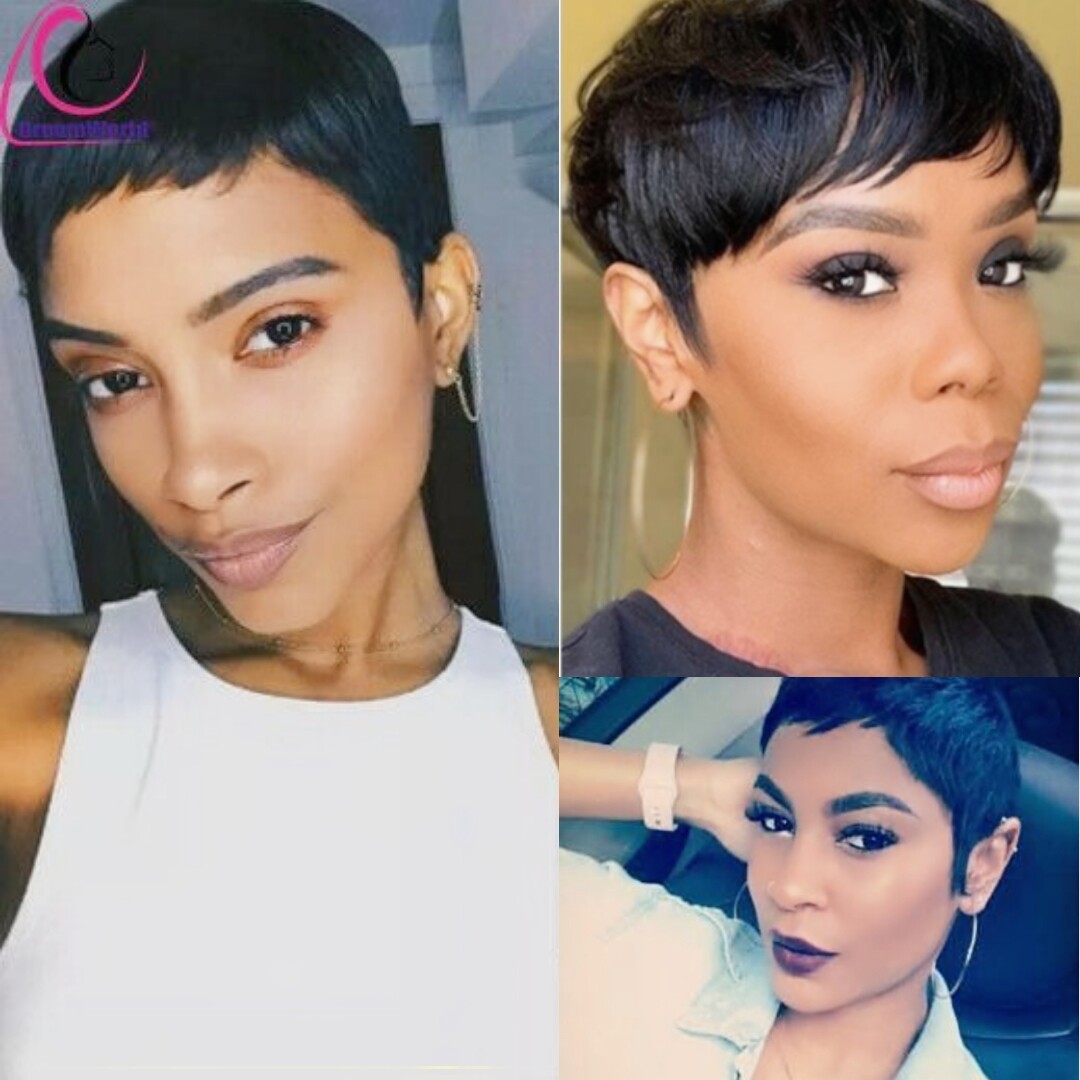 100% Human Hair Straight Short Pixie Cut Black Wig Machine Made Daily New