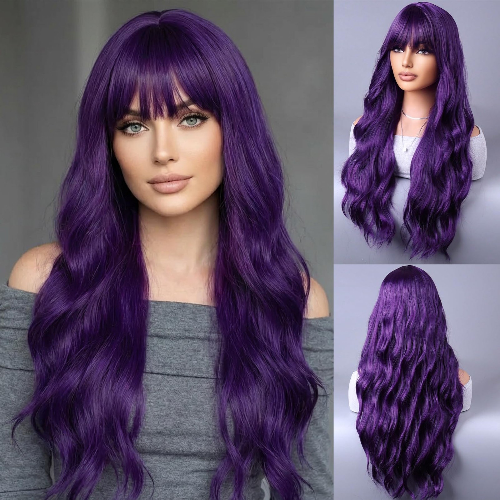 Dark Purple Wigs for Women Long Curly Wavy Dark Purple With Bangs Heat Resist…